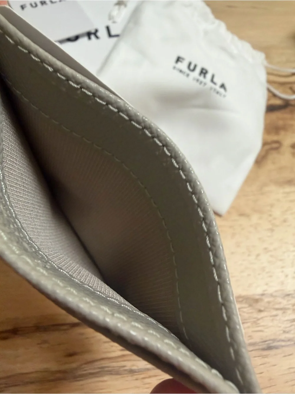 Furla Taupe Gray Pebbled Leather Card Holder with Gold Logo